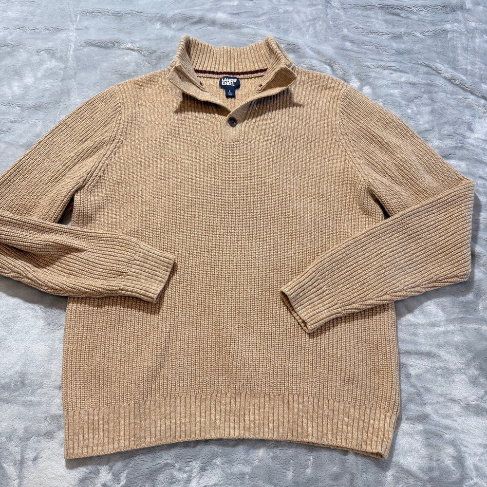 Lands End Men's‎ L ORANGE/BROWN Button Neck Ribbed Knit Sweater Cotton Blend